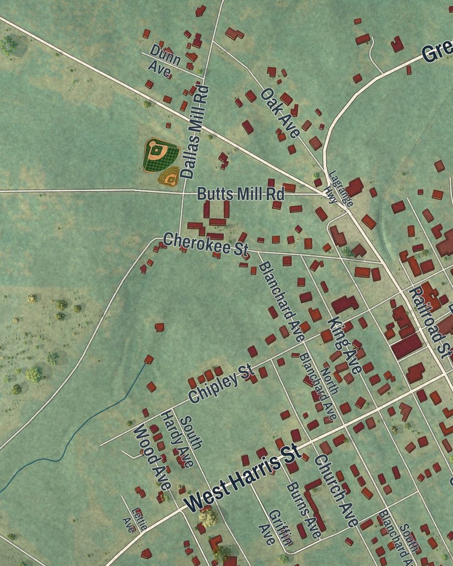 Close-up of Pine Mountain streets on the map