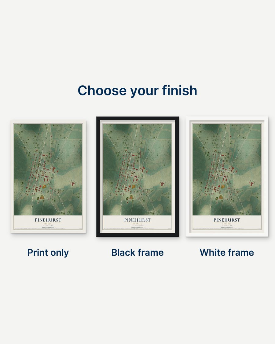The Pinehurst, Georgia map as a print only, in a black frame and in a white frame