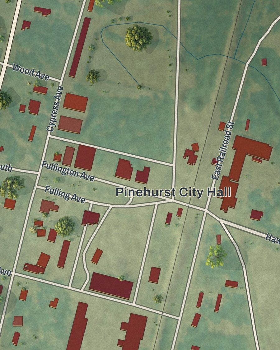 Close-up of Pinehurst streets on the map