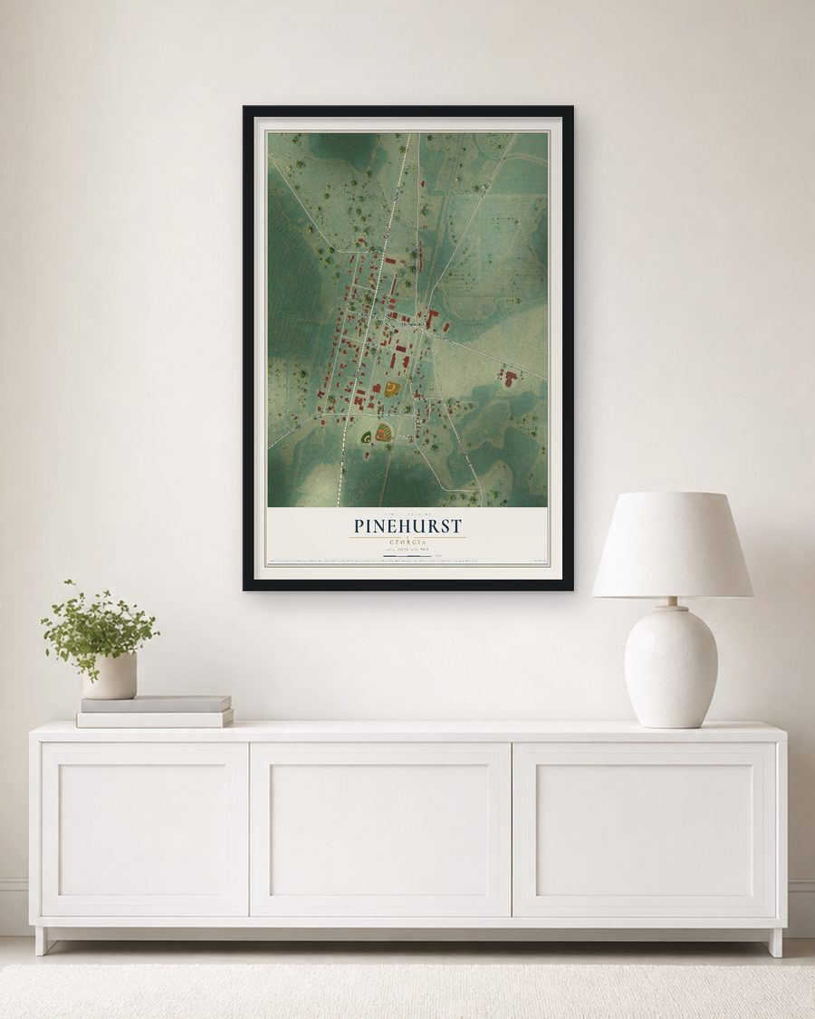 The Pinehurst, Georgia map, 24 x 36 in, in a black wood frame on a living room wall