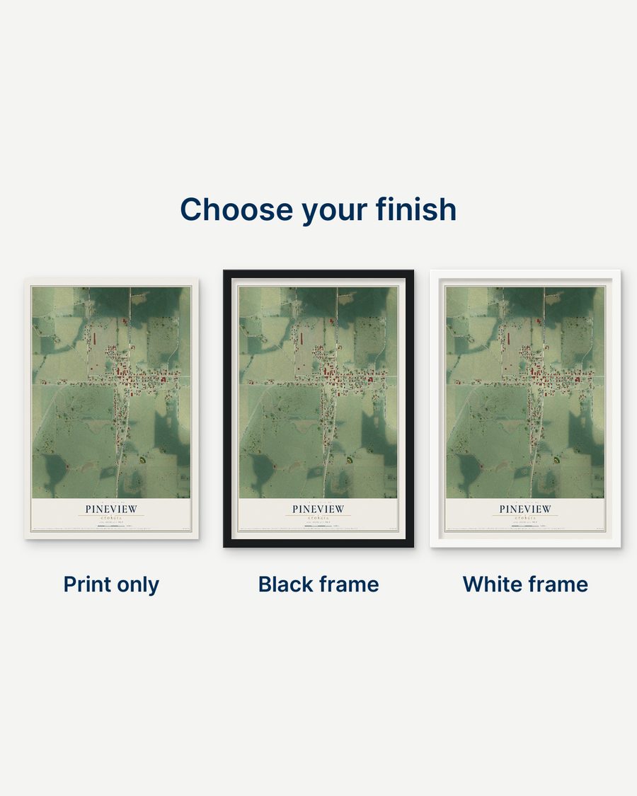 The Pineview, Georgia map as a print only, in a black frame and in a white frame