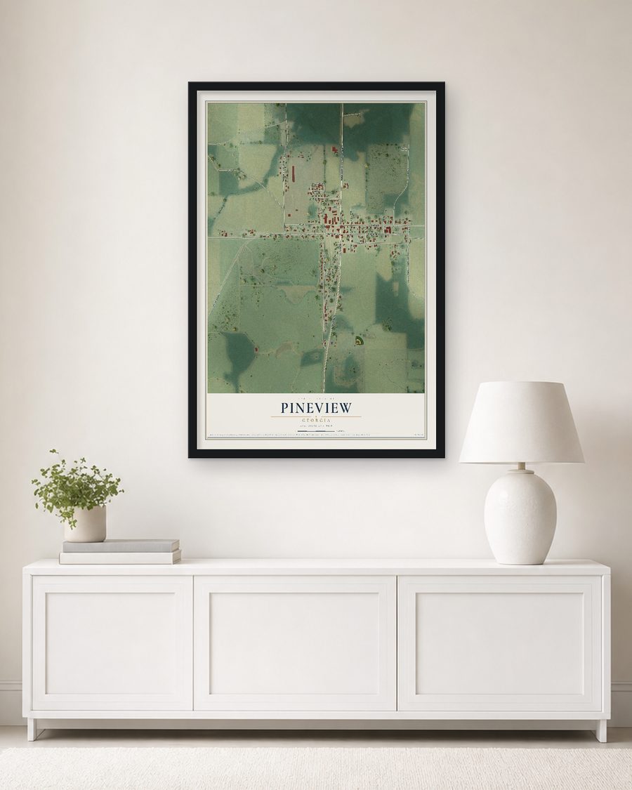 The Pineview, Georgia map, 24 x 36 in, in a black wood frame on a living room wall