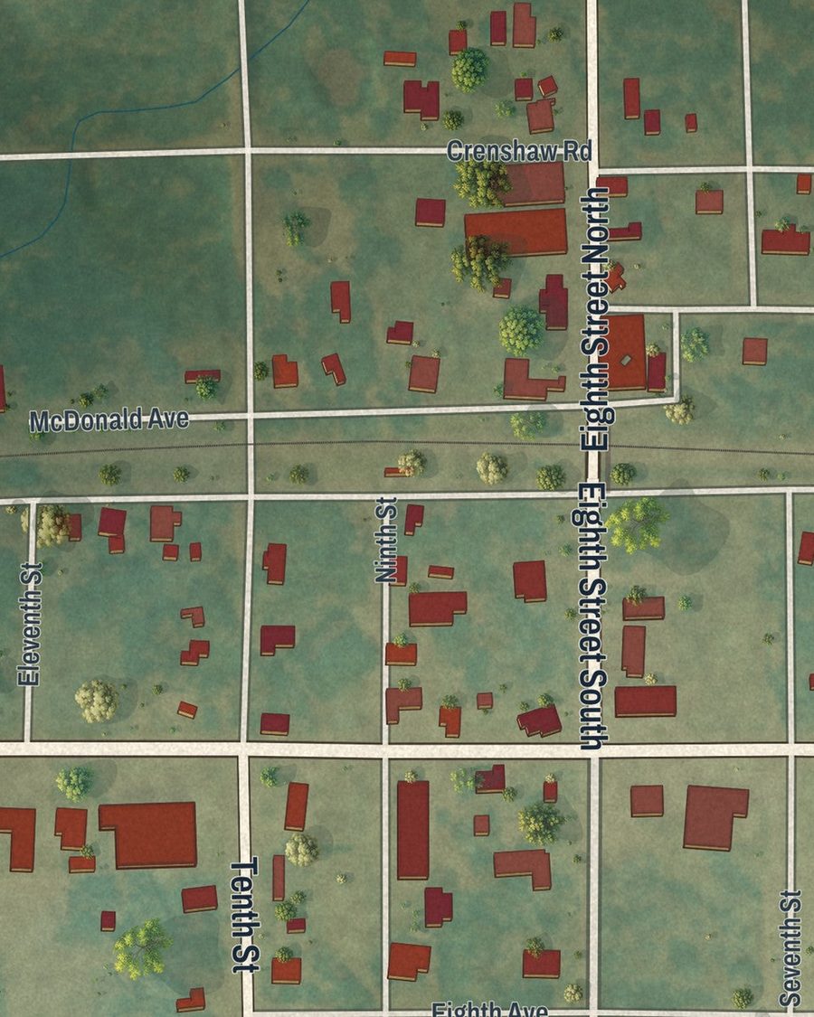 Close-up of Pitts streets on the map