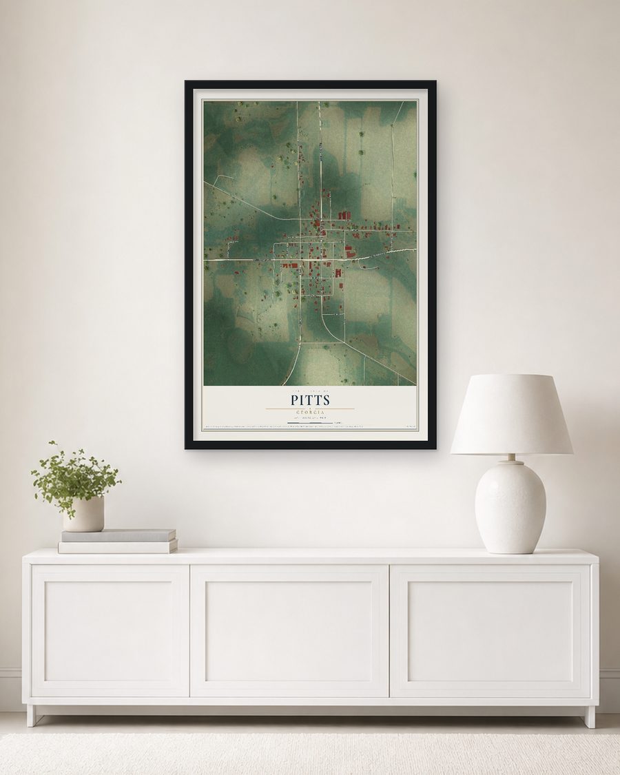 The Pitts, Georgia map, 24 x 36 in, in a black wood frame on a living room wall