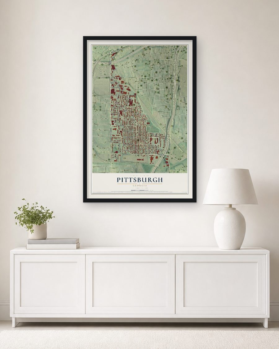 The Pittsburgh, Georgia map, 24 x 36 in, in a black wood frame on a living room wall