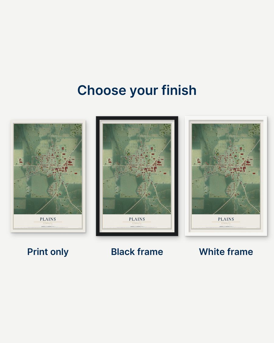 The Plains, Georgia map as a print only, in a black frame and in a white frame