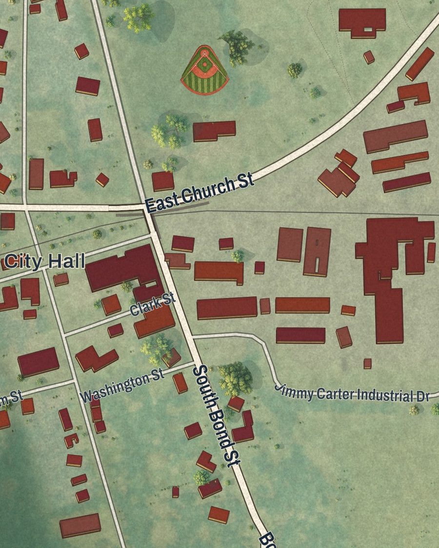 Close-up of Plains streets on the map