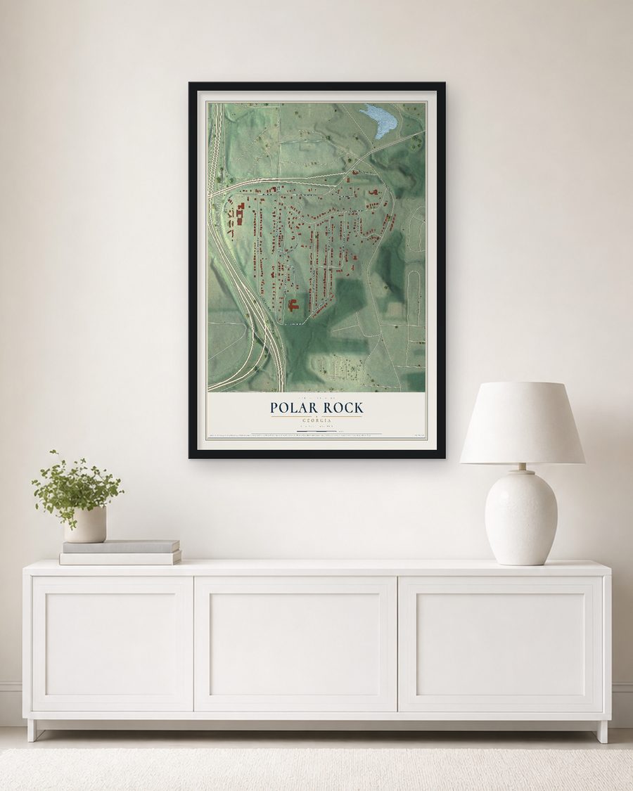 The Polar Rock, Georgia map, 24 x 36 in, in a black wood frame on a living room wall