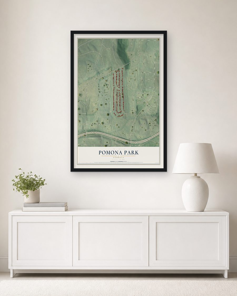 The Pomona Park, Georgia map, 24 x 36 in, in a black wood frame on a living room wall