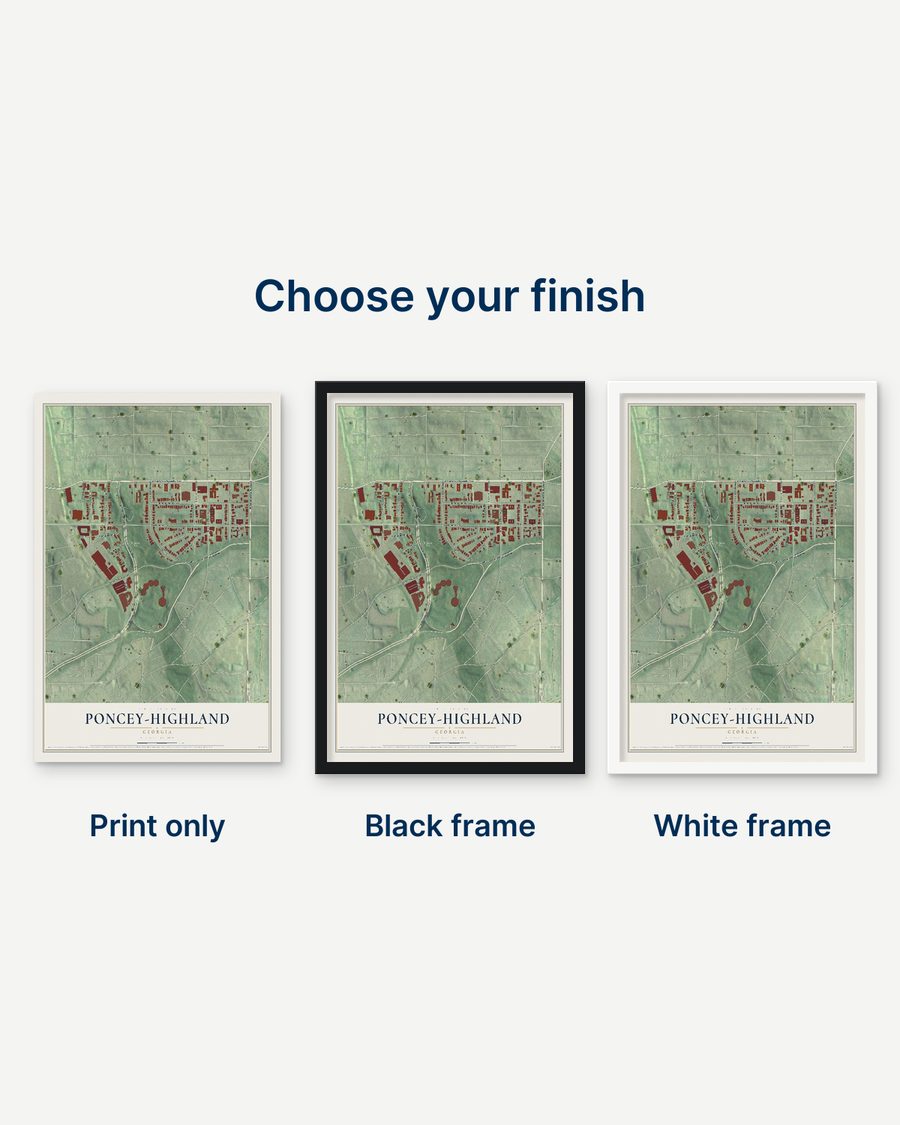 The Poncey-Highland, Georgia map as a print only, in a black frame and in a white frame
