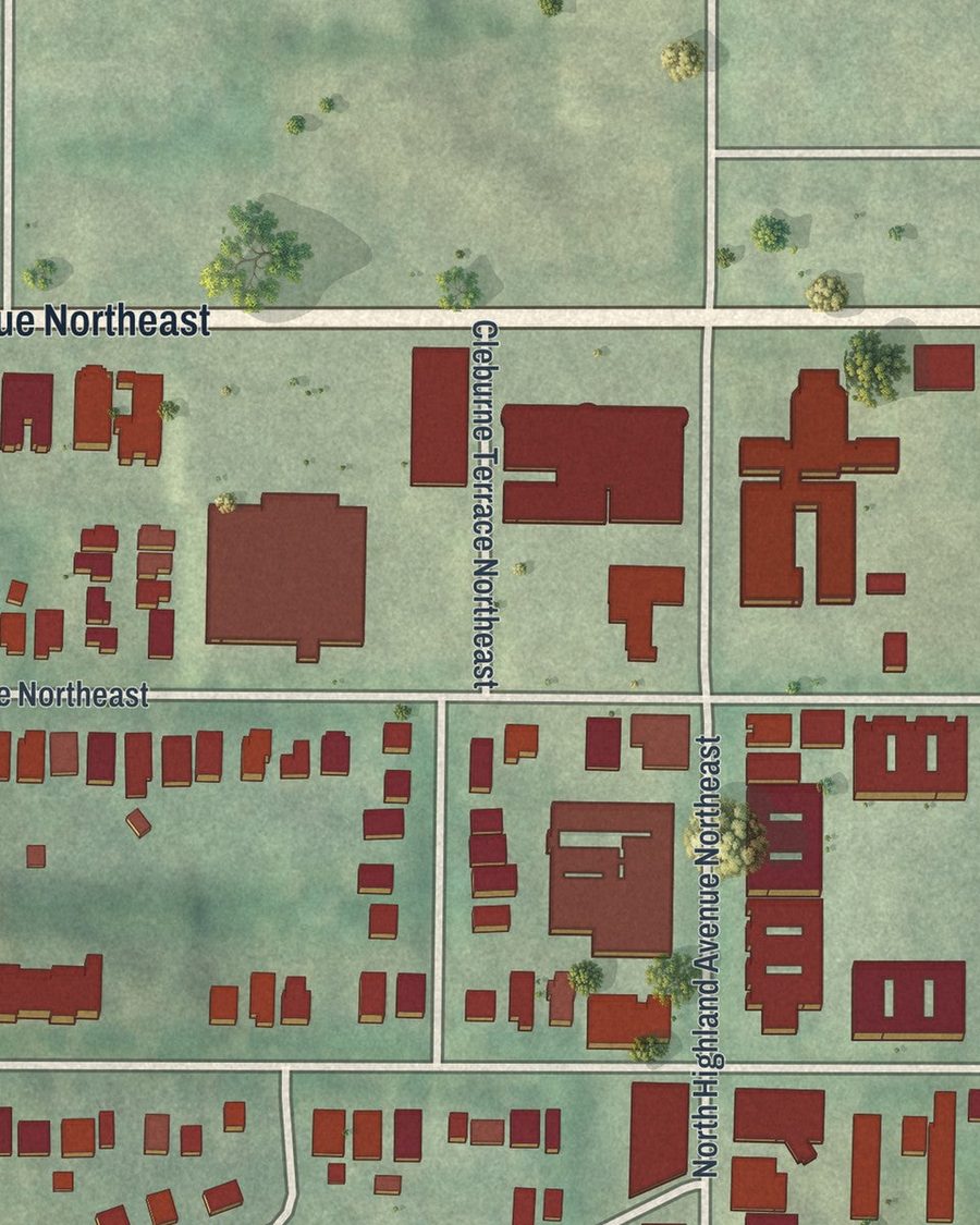 Close-up of Poncey-Highland streets on the map