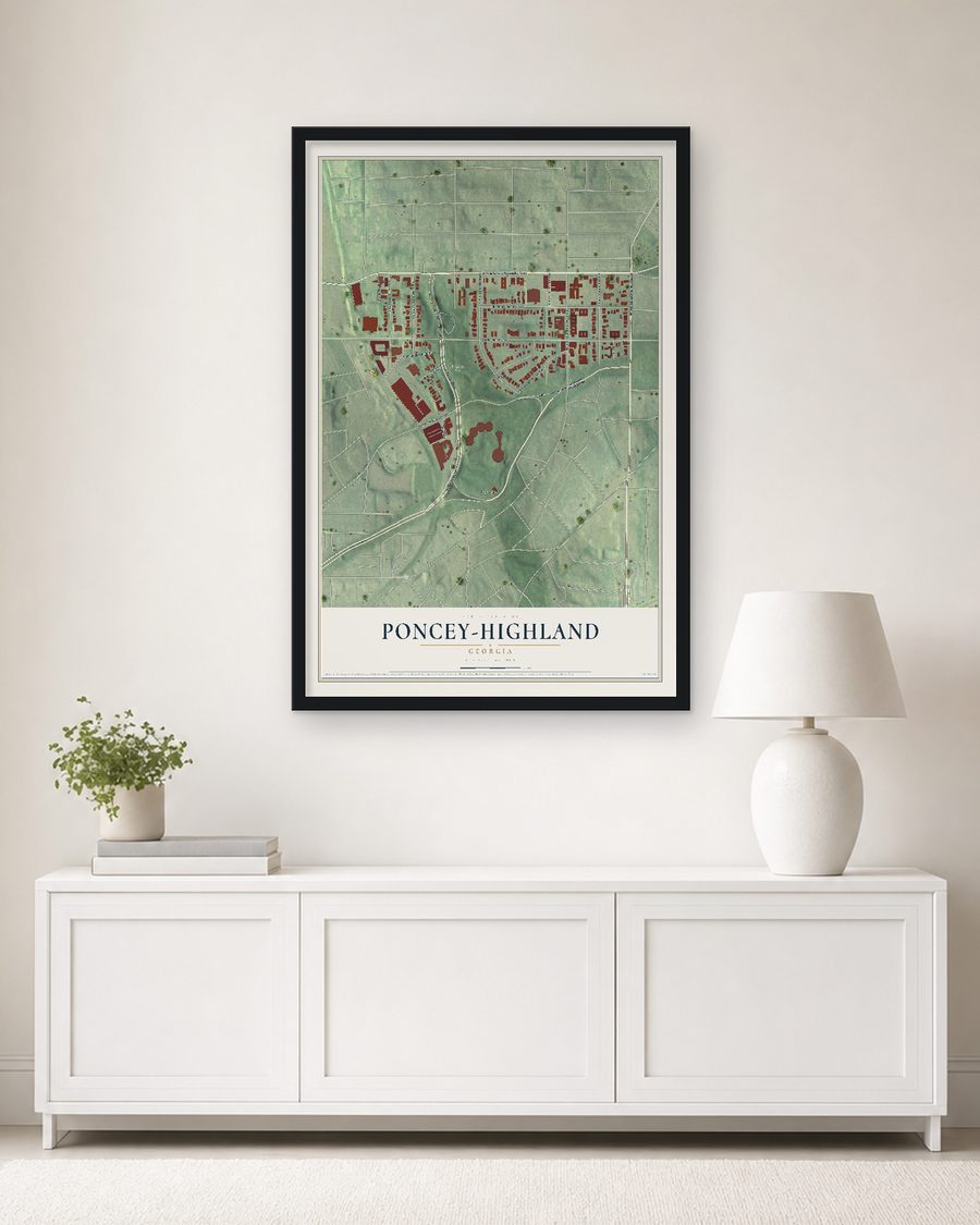 The Poncey-Highland, Georgia map, 24 x 36 in, in a black wood frame on a living room wall