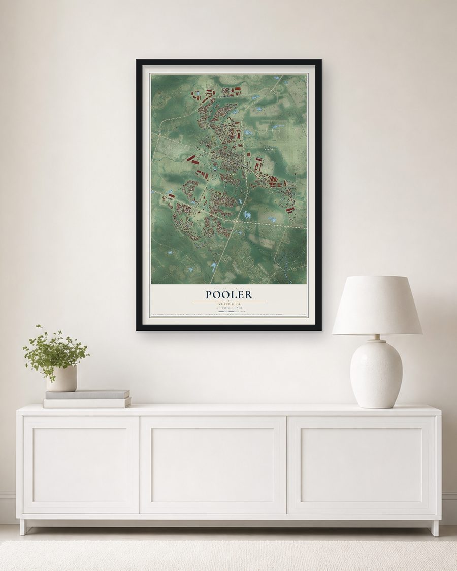 The Pooler, Georgia map, 24 x 36 in, in a black wood frame on a living room wall