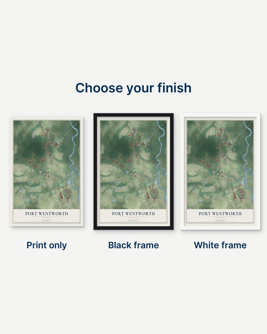 The Port Wentworth, Georgia map as a print only, in a black frame and in a white frame