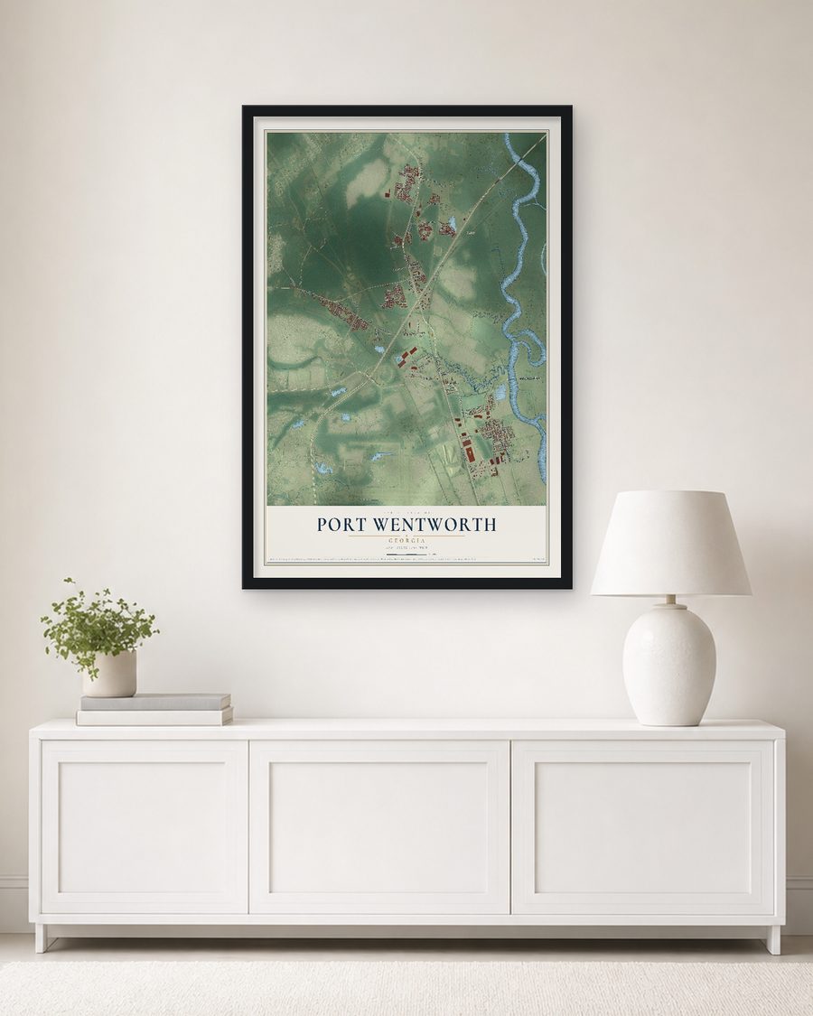 The Port Wentworth, Georgia map, 24 x 36 in, in a black wood frame on a living room wall