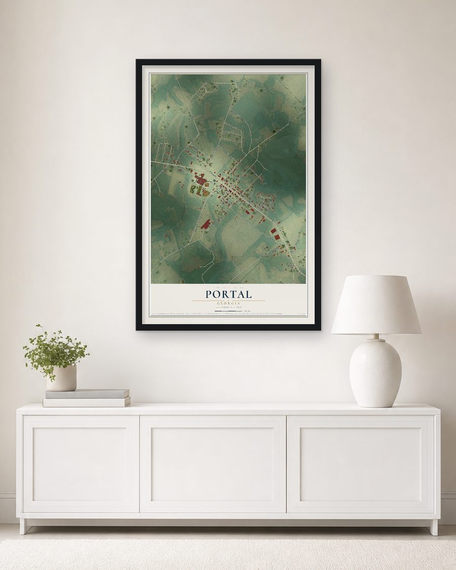 The Portal, Georgia map, 24 x 36 in, in a black wood frame on a living room wall