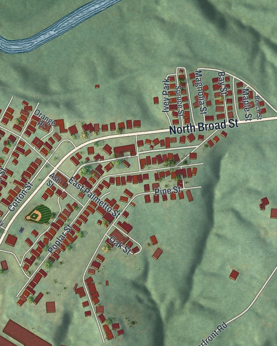 Close-up of Porterdale streets on the map