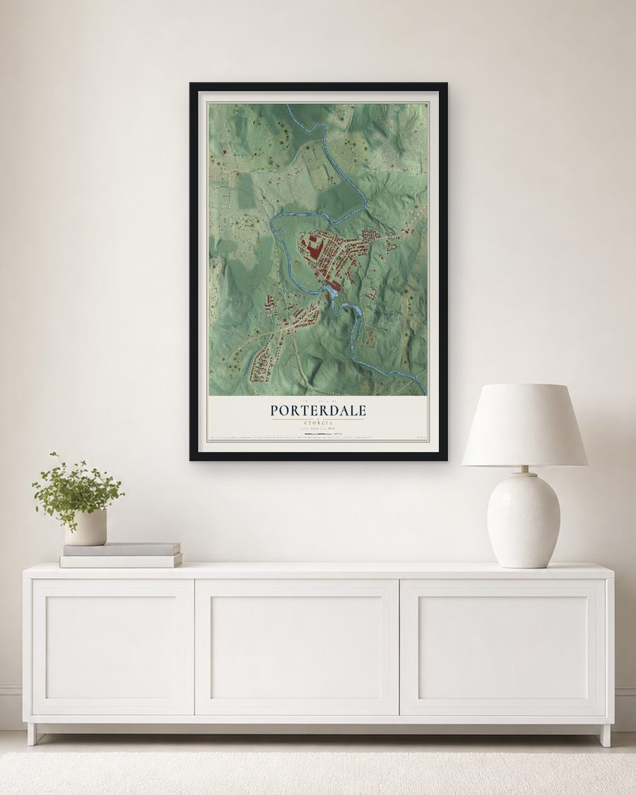 The Porterdale, Georgia map, 24 x 36 in, in a black wood frame on a living room wall