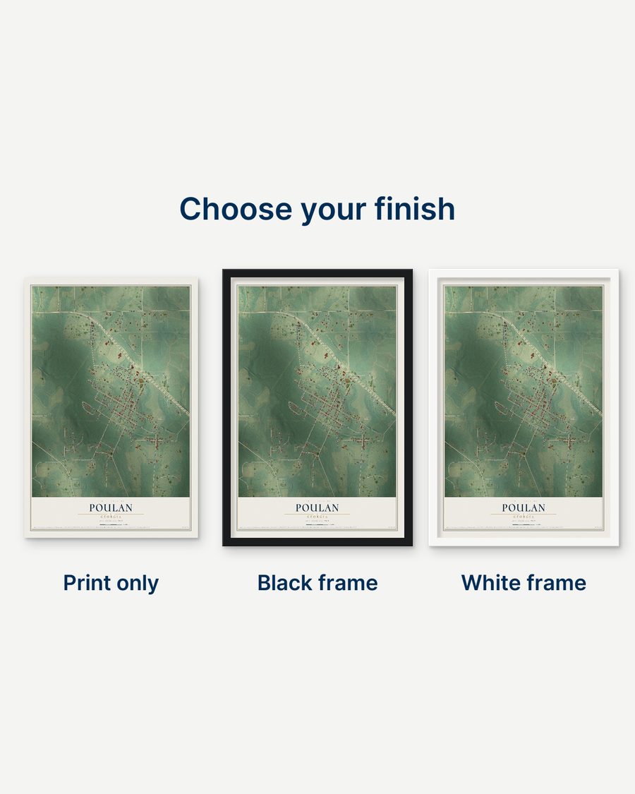 The Poulan, Georgia map as a print only, in a black frame and in a white frame