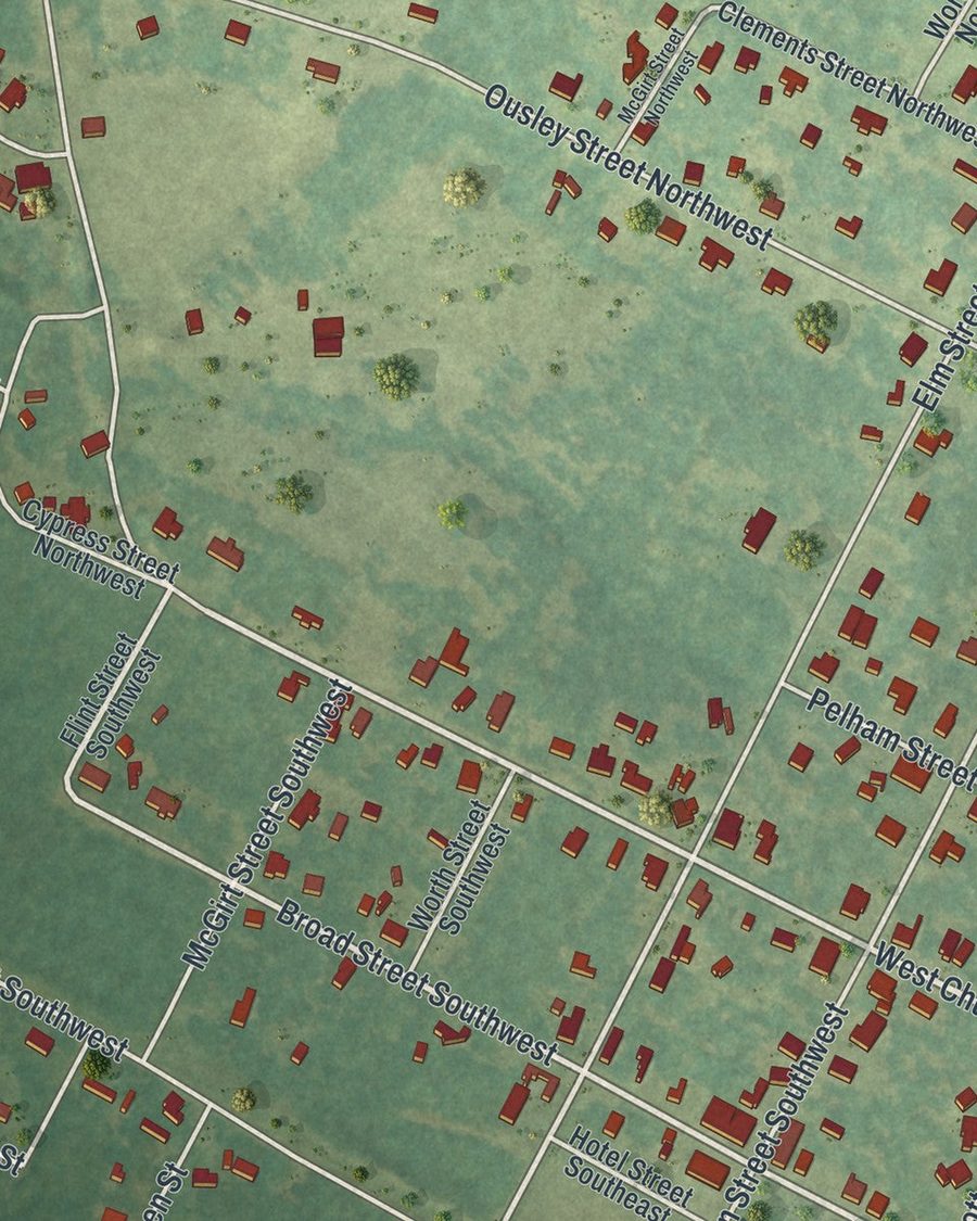 Close-up of Poulan streets on the map