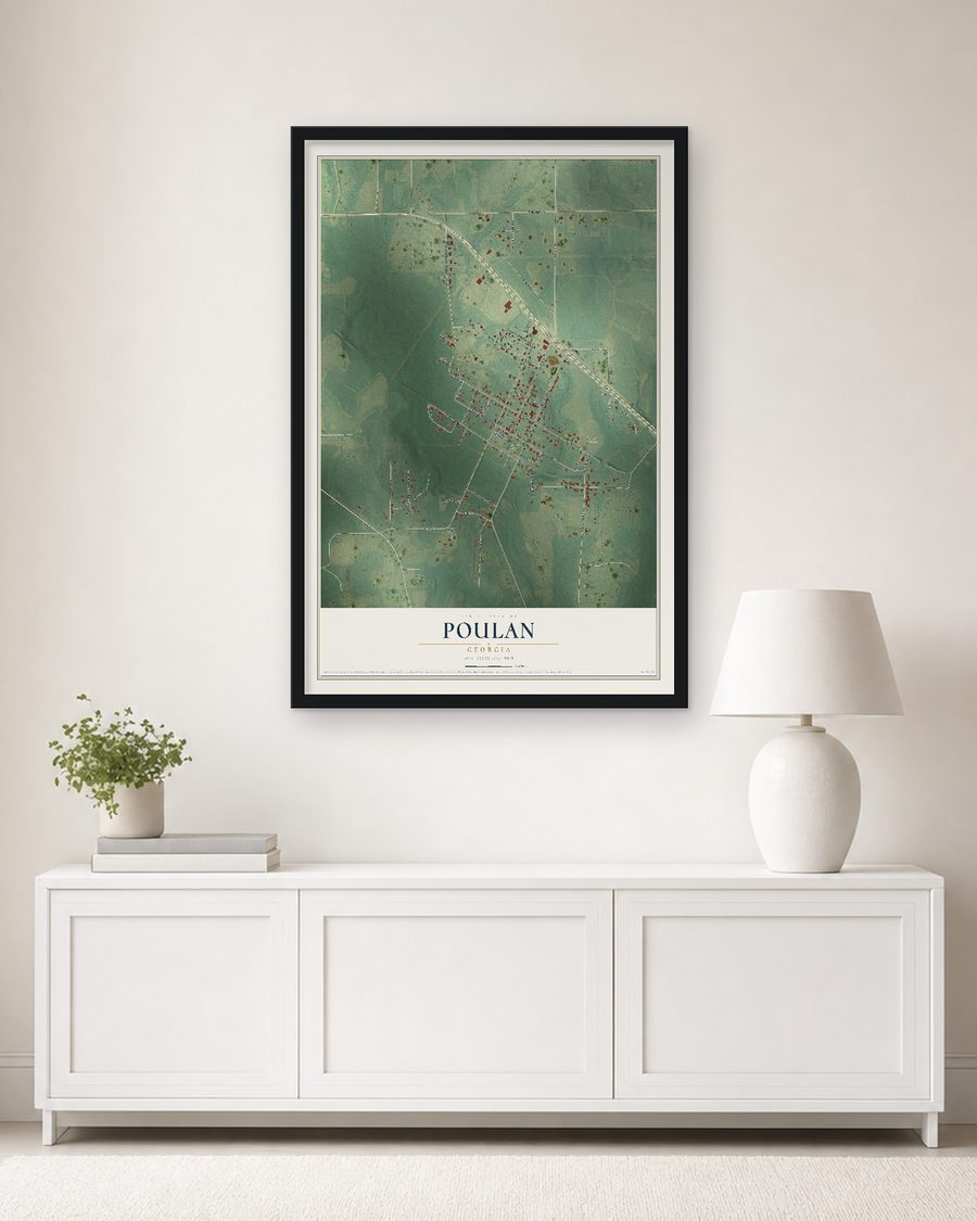 The Poulan, Georgia map, 24 x 36 in, in a black wood frame on a living room wall
