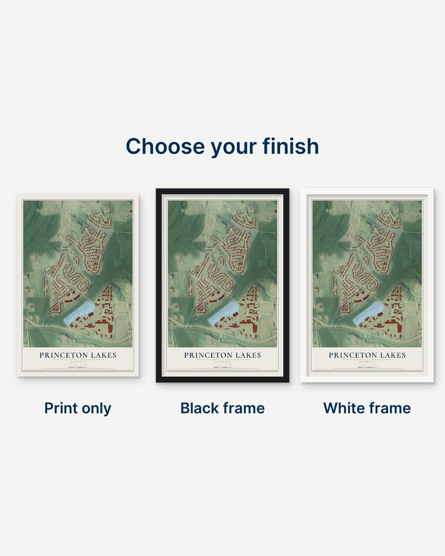 The Princeton Lakes, Georgia map as a print only, in a black frame and in a white frame
