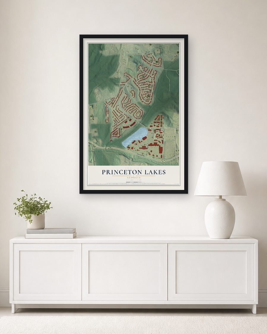 The Princeton Lakes, Georgia map, 24 x 36 in, in a black wood frame on a living room wall