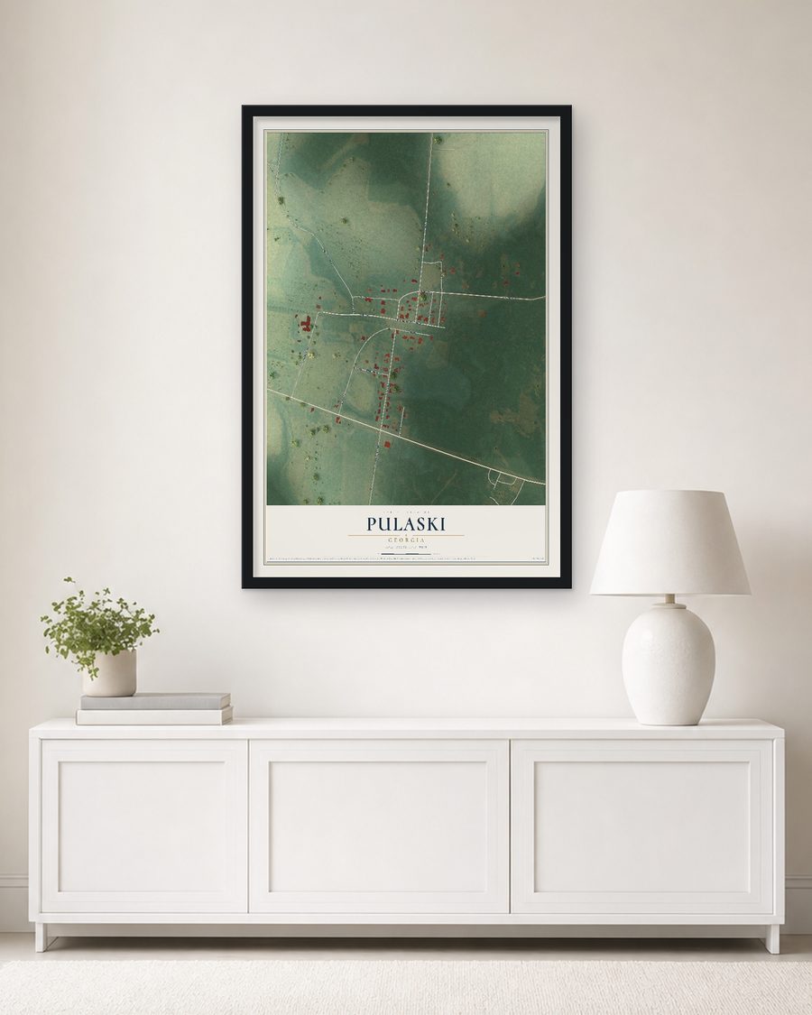 The Pulaski, Georgia map, 24 x 36 in, in a black wood frame on a living room wall