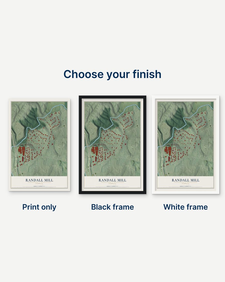 The Randall Mill, Georgia map as a print only, in a black frame and in a white frame