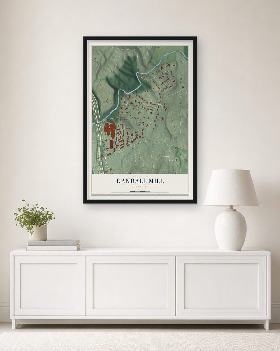 The Randall Mill, Georgia map, 24 x 36 in, in a black wood frame on a living room wall