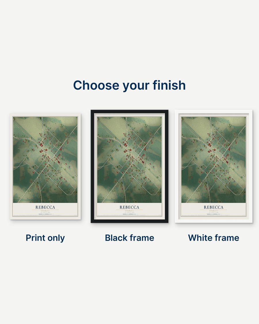 The Rebecca, Georgia map as a print only, in a black frame and in a white frame