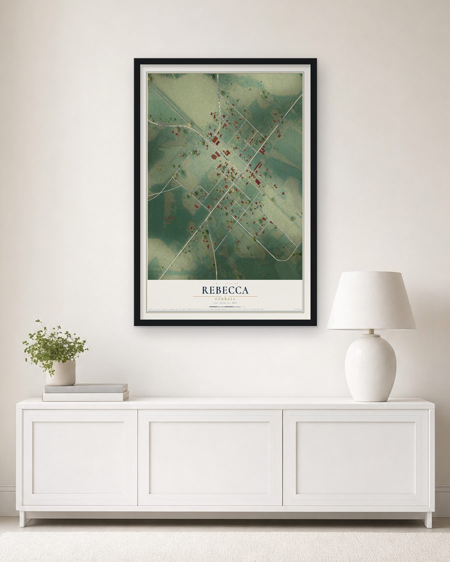 The Rebecca, Georgia map, 24 x 36 in, in a black wood frame on a living room wall