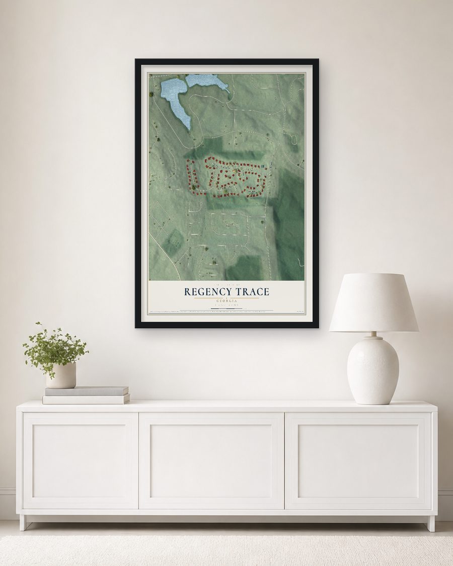 The Regency Trace, Georgia map, 24 x 36 in, in a black wood frame on a living room wall