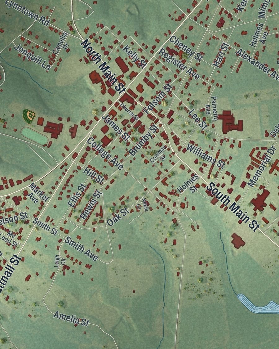 Close-up of Reidsville streets on the map