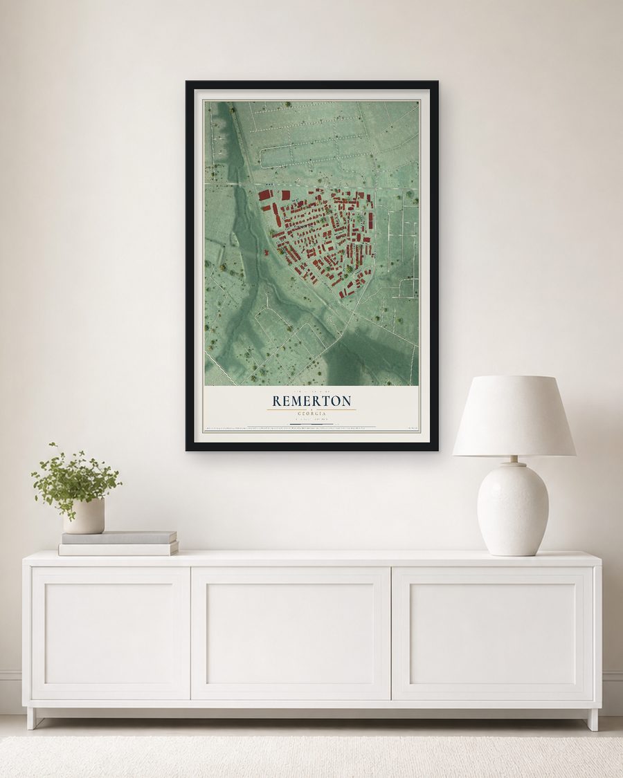 The Remerton, Georgia map, 24 x 36 in, in a black wood frame on a living room wall