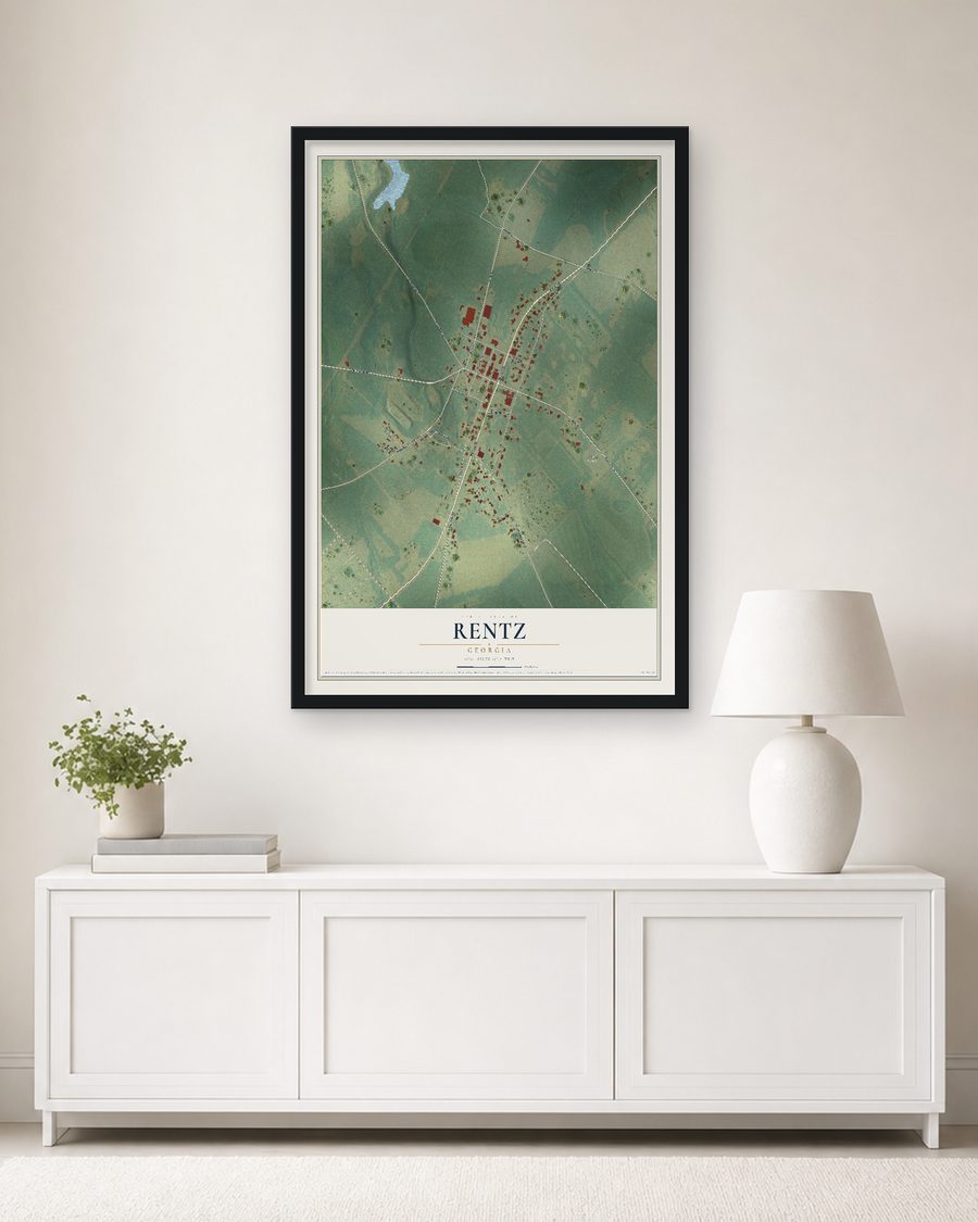 The Rentz, Georgia map, 24 x 36 in, in a black wood frame on a living room wall