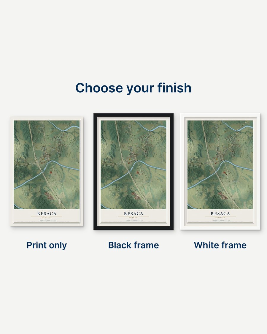 The Resaca, Georgia map as a print only, in a black frame and in a white frame