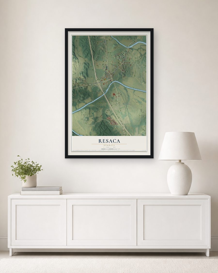 The Resaca, Georgia map, 24 x 36 in, in a black wood frame on a living room wall