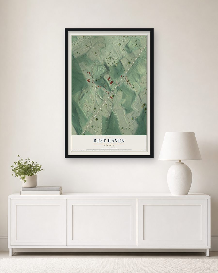 The Rest Haven, Georgia map, 24 x 36 in, in a black wood frame on a living room wall