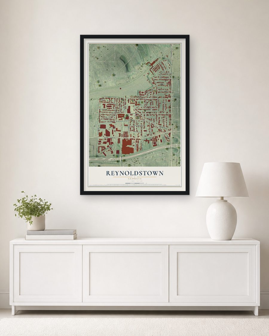 The Reynoldstown, Georgia map, 24 x 36 in, in a black wood frame on a living room wall