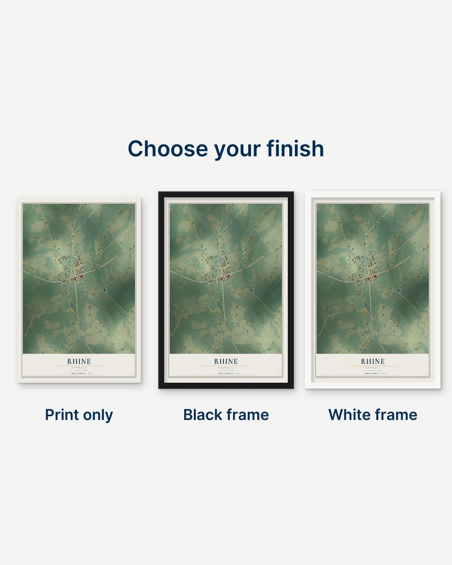 The Rhine, Georgia map as a print only, in a black frame and in a white frame