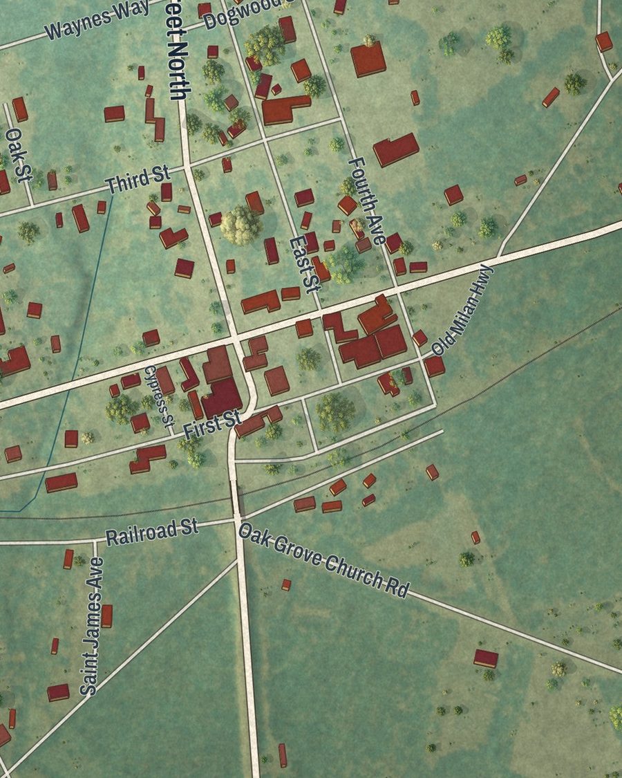 Close-up of Rhine streets on the map