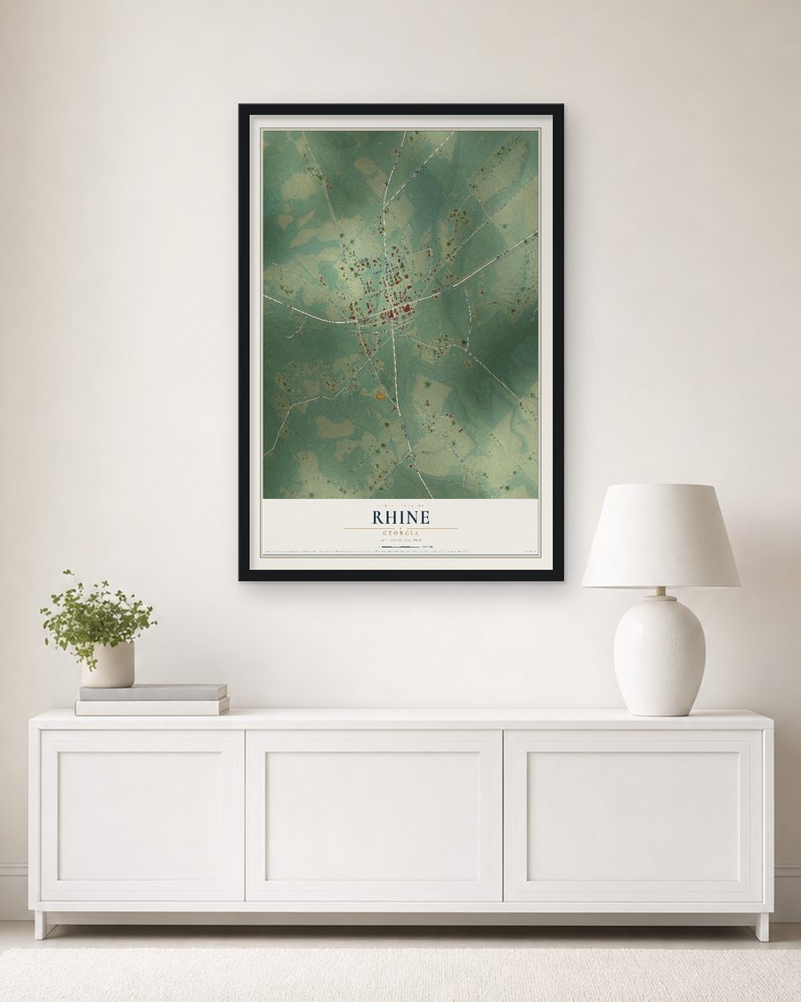 The Rhine, Georgia map, 24 x 36 in, in a black wood frame on a living room wall
