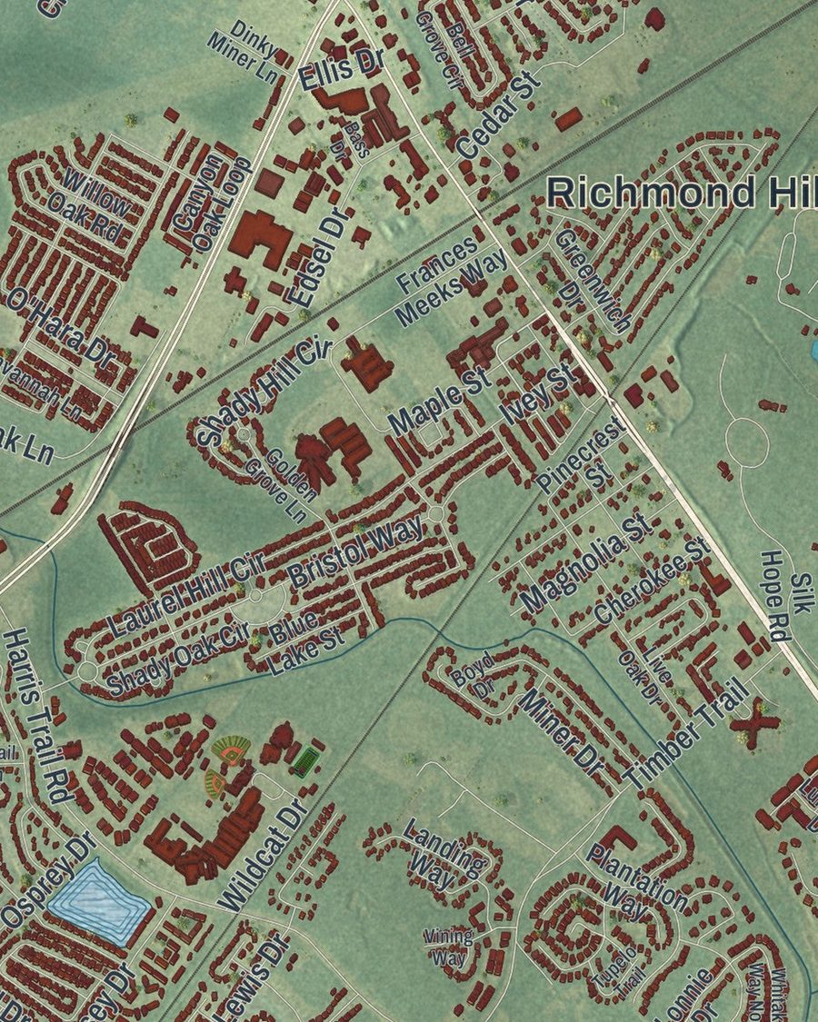 Close-up of Richmond Hill streets on the map