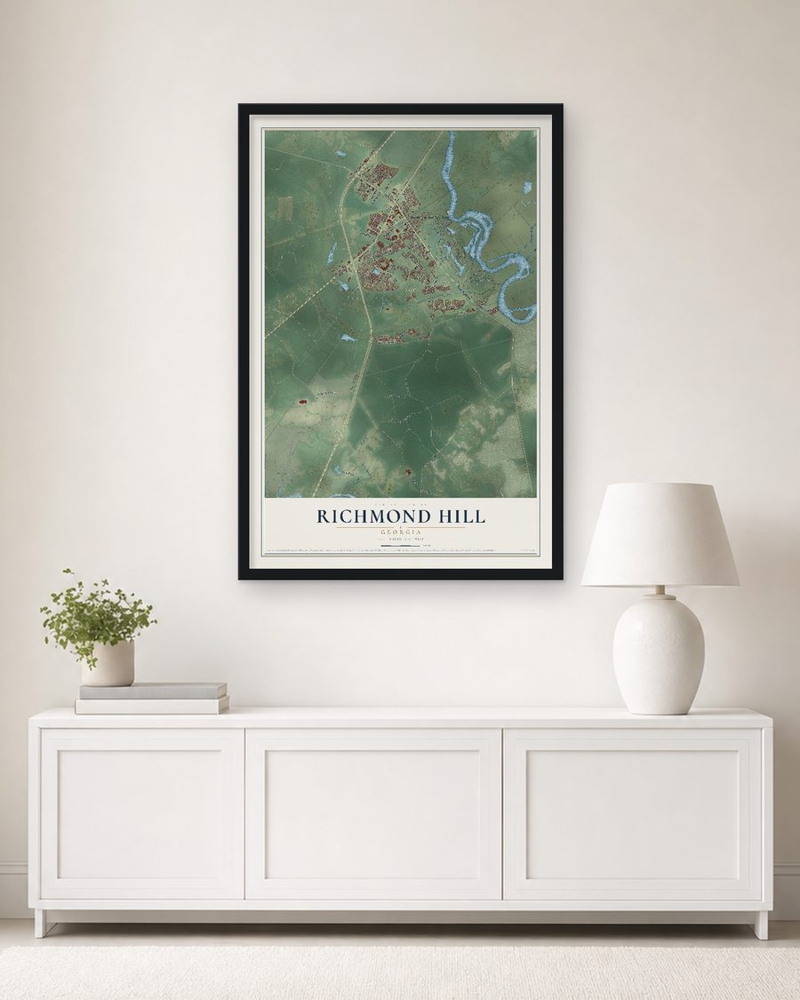 The Richmond Hill, Georgia map, 24 x 36 in, in a black wood frame on a living room wall