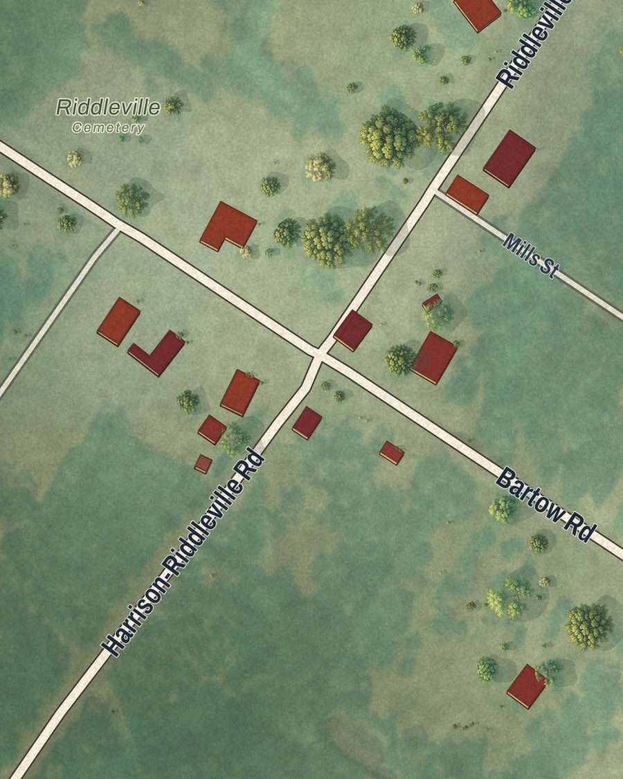 Close-up of Riddleville streets on the map
