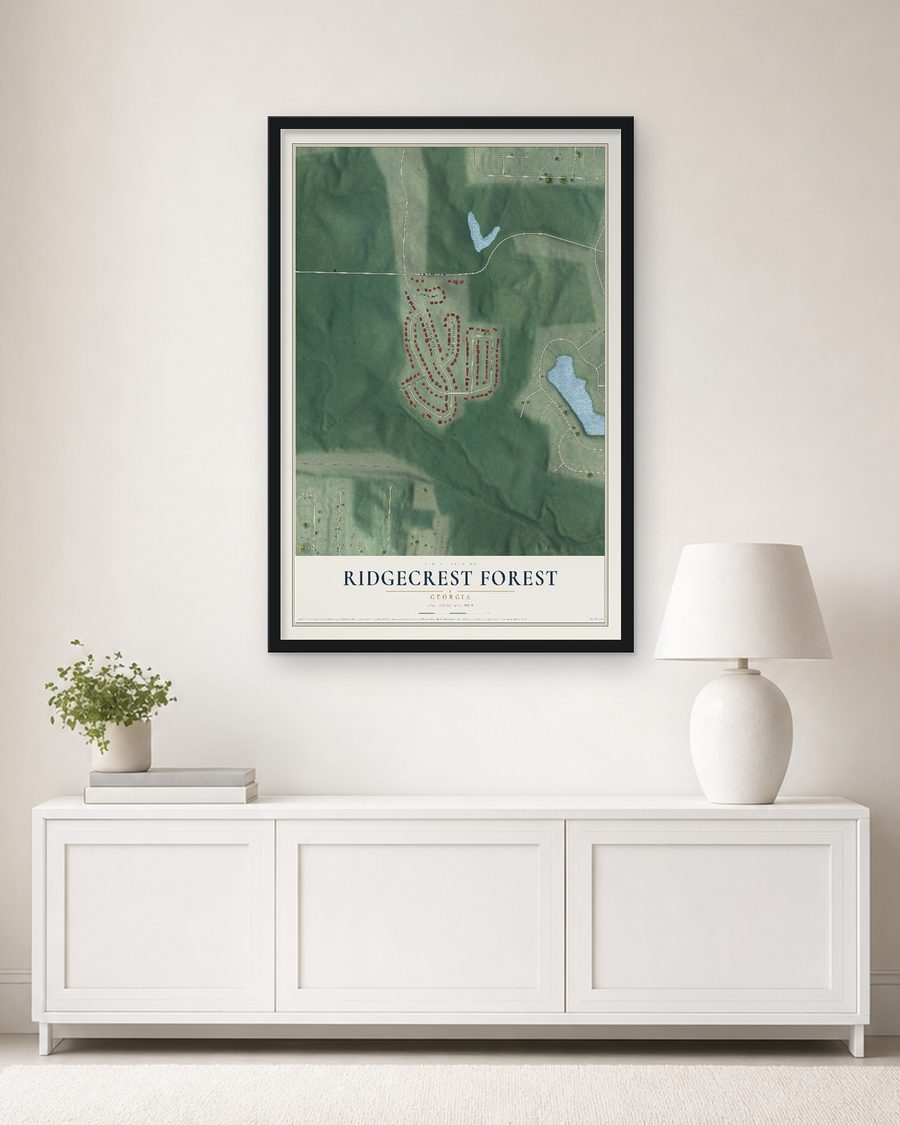 The Ridgecrest Forest, Georgia map, 24 x 36 in, in a black wood frame on a living room wall