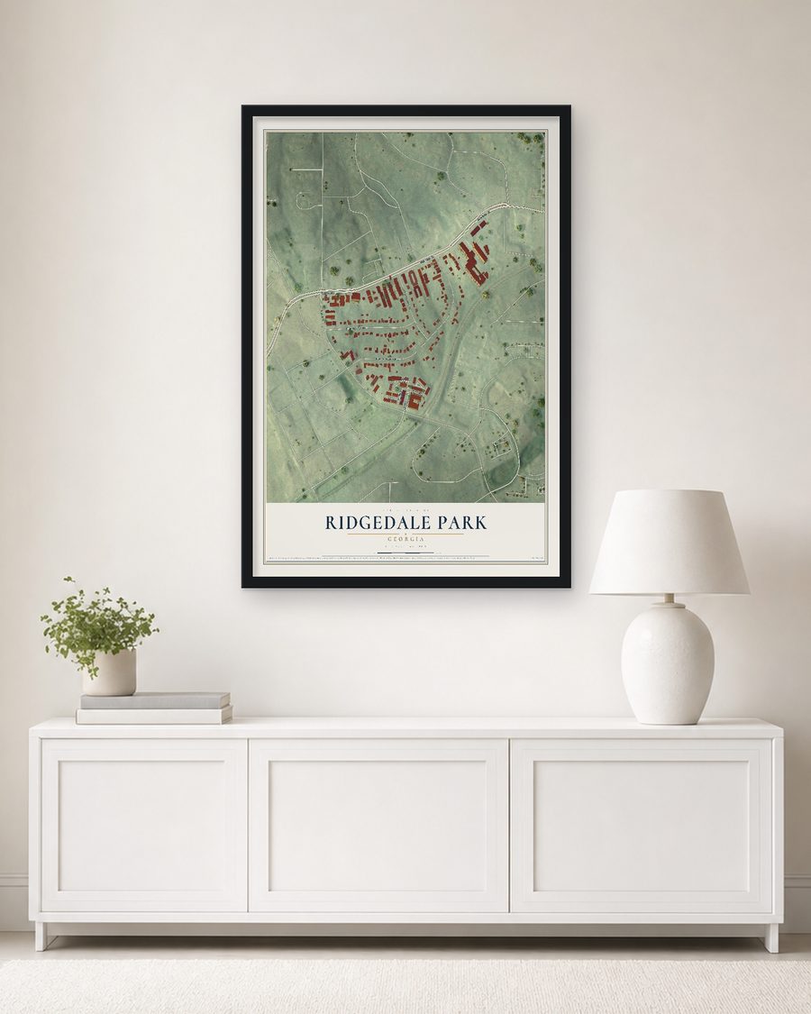 The Ridgedale Park, Georgia map, 24 x 36 in, in a black wood frame on a living room wall