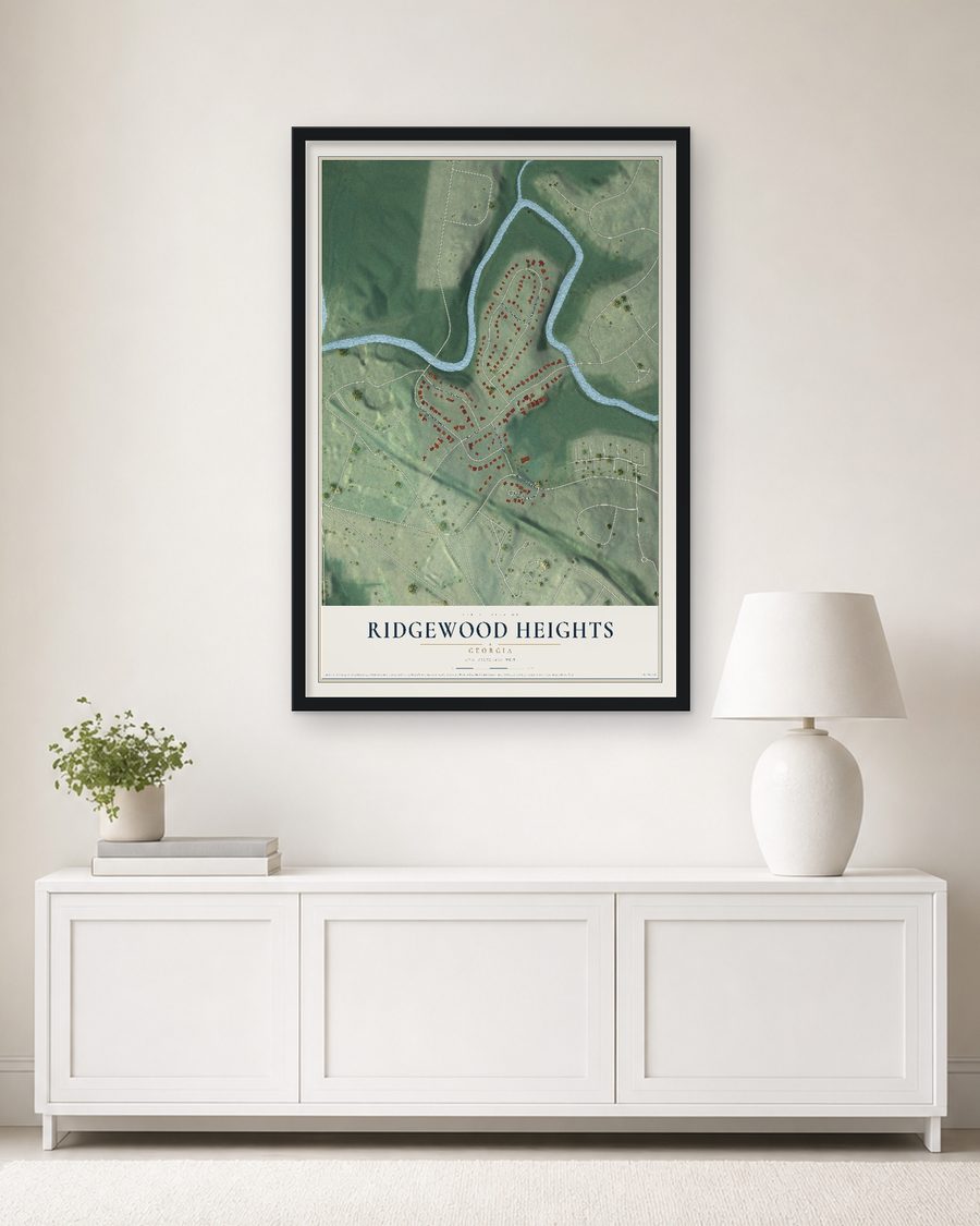 The Ridgewood Heights, Georgia map, 24 x 36 in, in a black wood frame on a living room wall