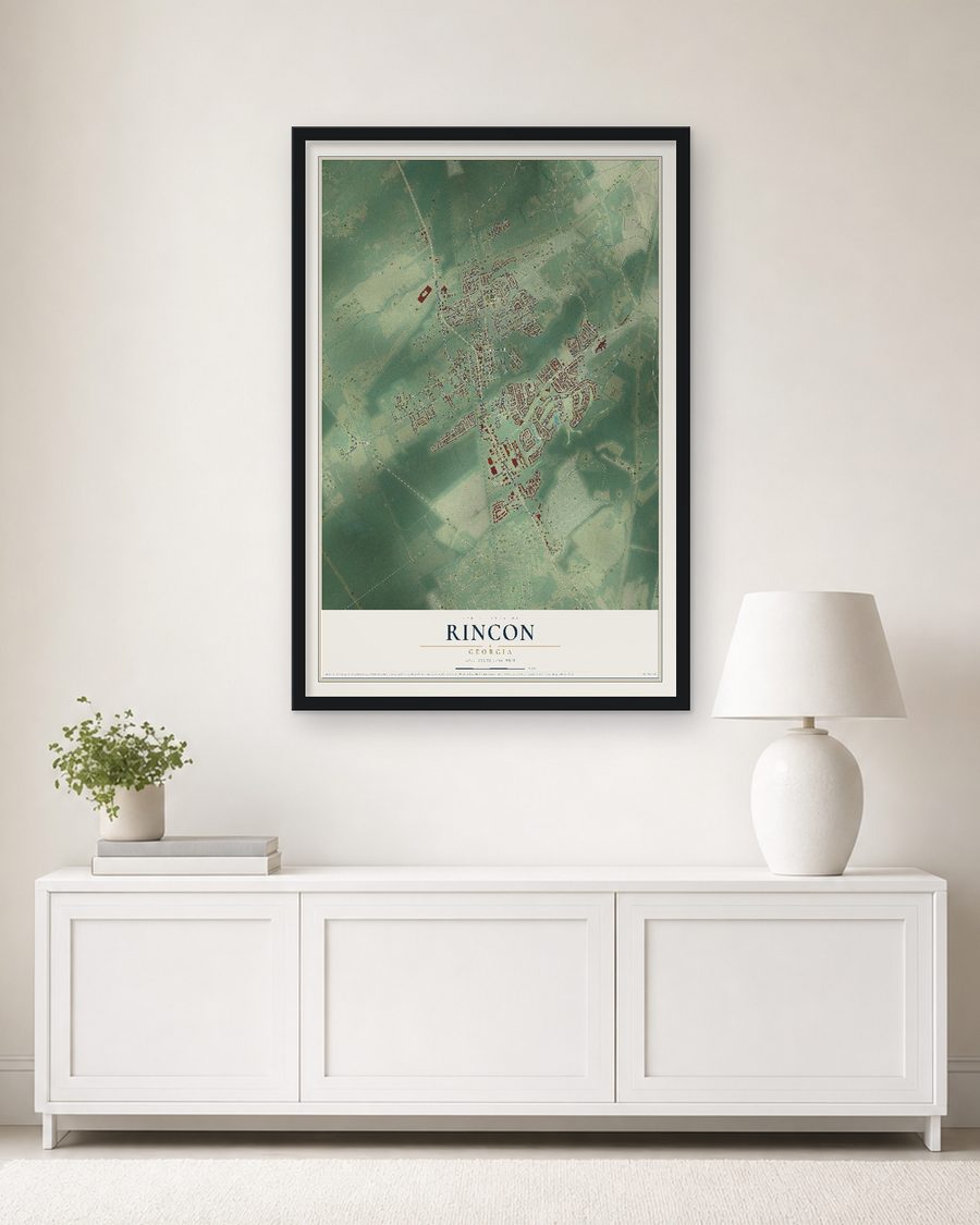 The Rincon, Georgia map, 24 x 36 in, in a black wood frame on a living room wall